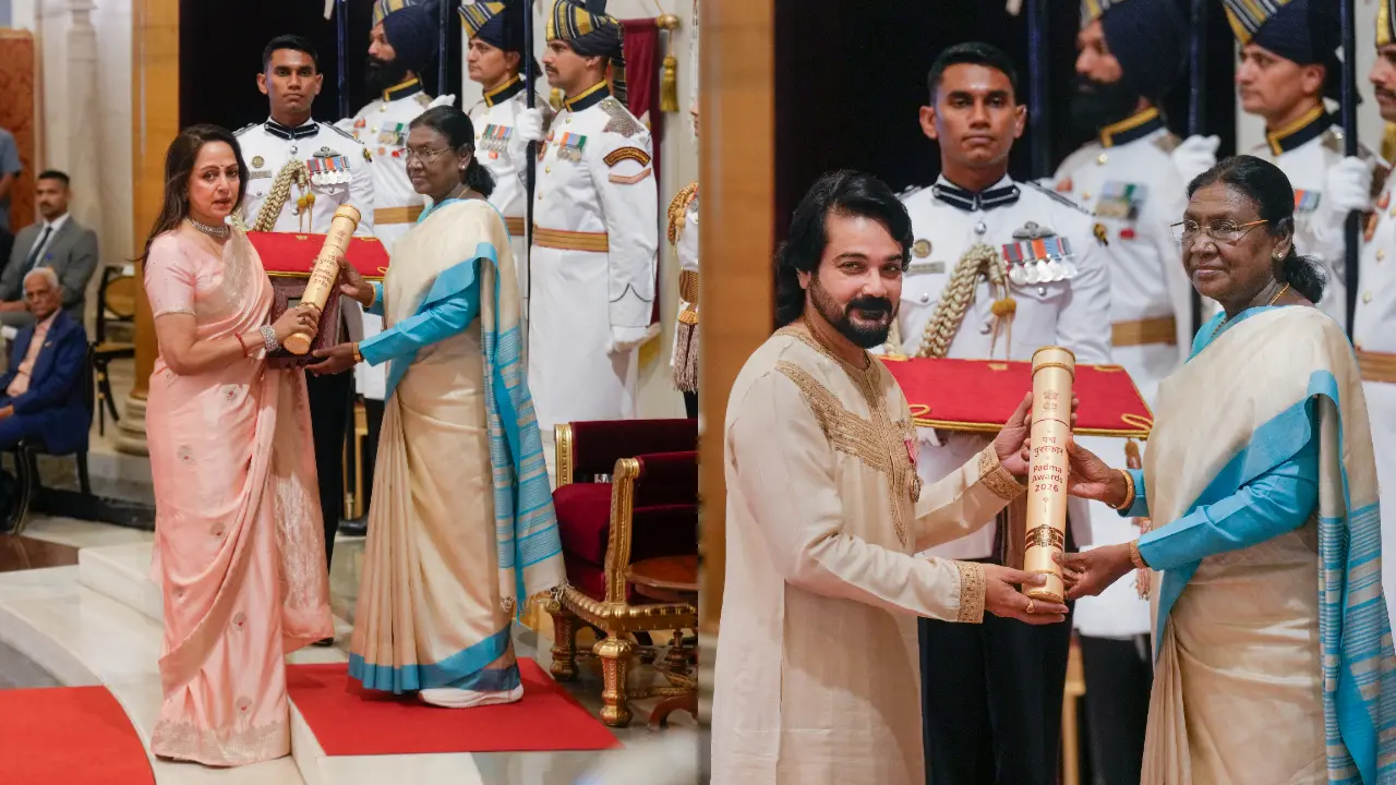 Hema Malini and Prosenjit Chatterjee at the Padma Awards 2026. Pics via PTI